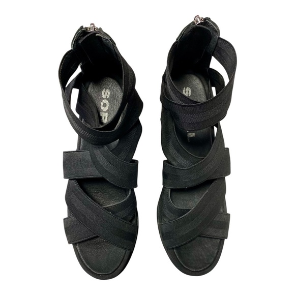 Sorel Joanie II Black Platform Wedge Sandals Sz 9 Elastic Strap Leather - Picture 11 of 12